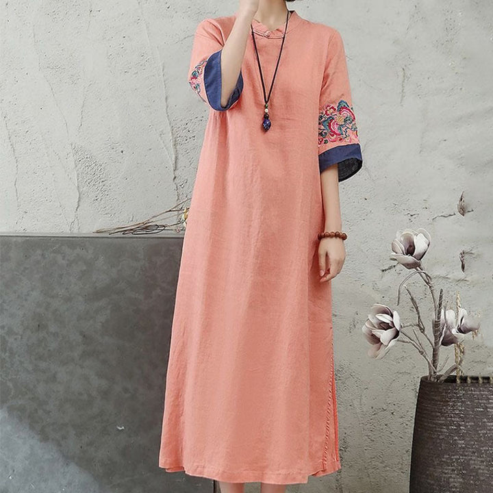 Vestido midi de algodón y lino para mujer, de media manga, con botones de rana y bordado de Buddha Stones - image 3