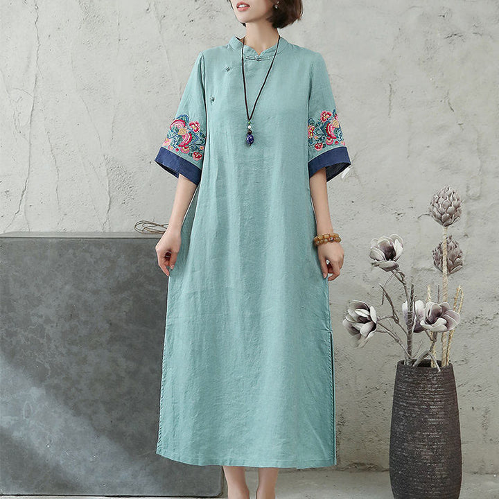 Vestido midi de mujer con mangas cortas, botones de rana y bordado de Buddha Stones - image 6