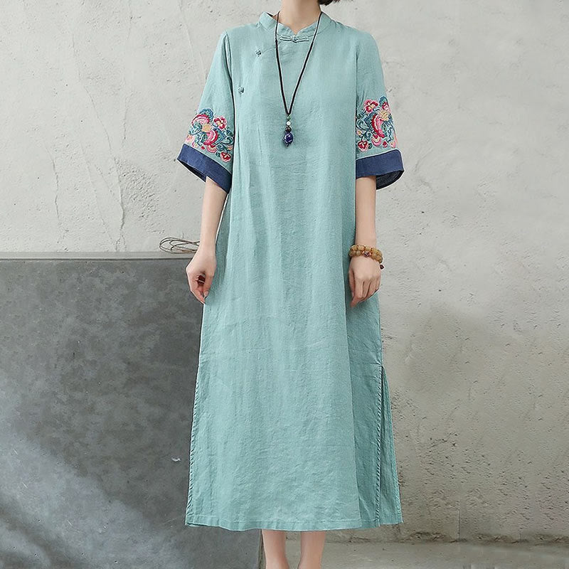 Vestido midi de mujer con mangas cortas, botones de rana y bordado de Buddha Stones - image 8