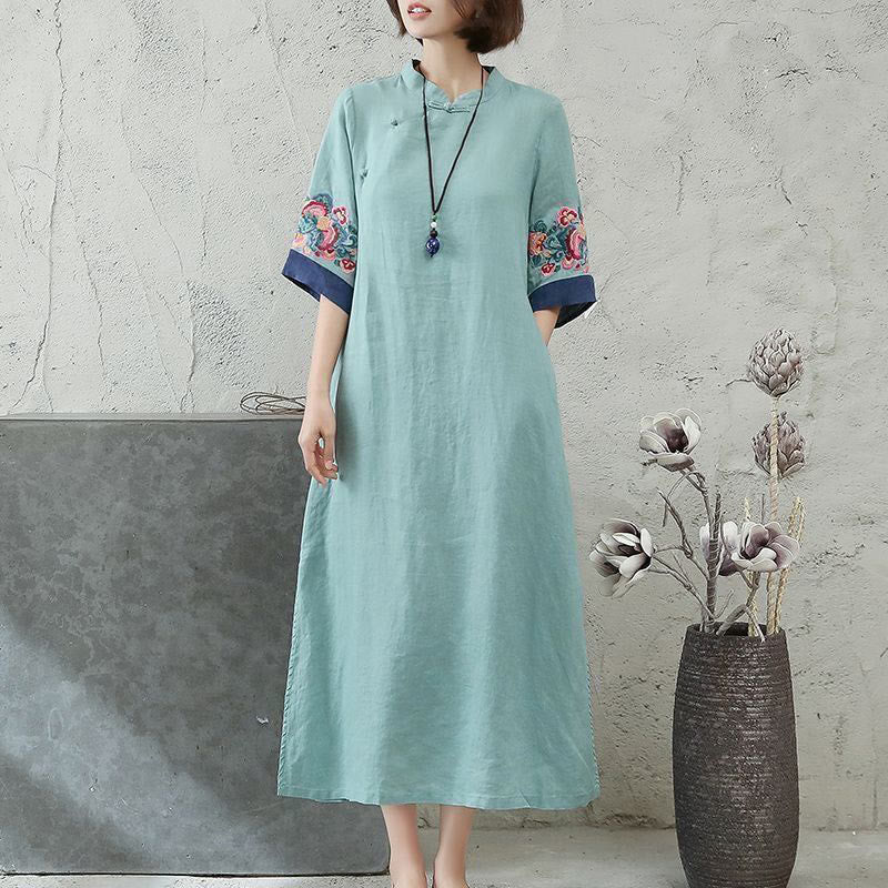 Vestido midi de mujer con mangas cortas, botones de rana y bordado de Buddha Stones - Turquesa medio - US14, UK/AU18, EU46 (4XL) - image 5
