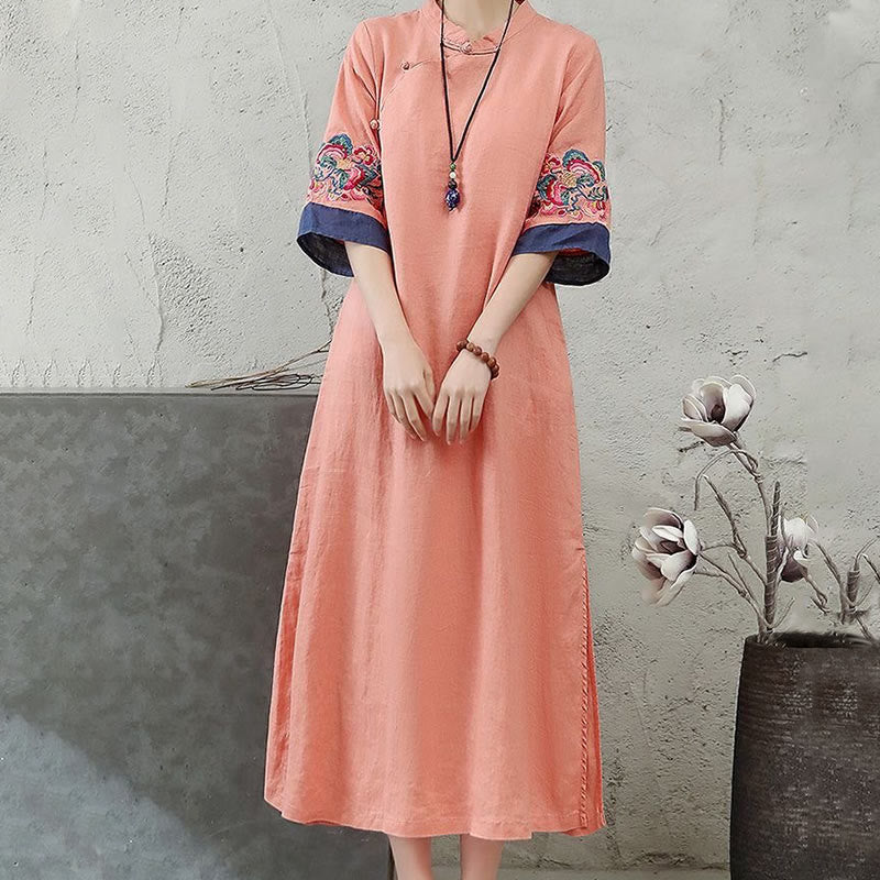 Vestido midi de mujer con mangas cortas, botones de rana y bordado de Buddha Stones - image 2