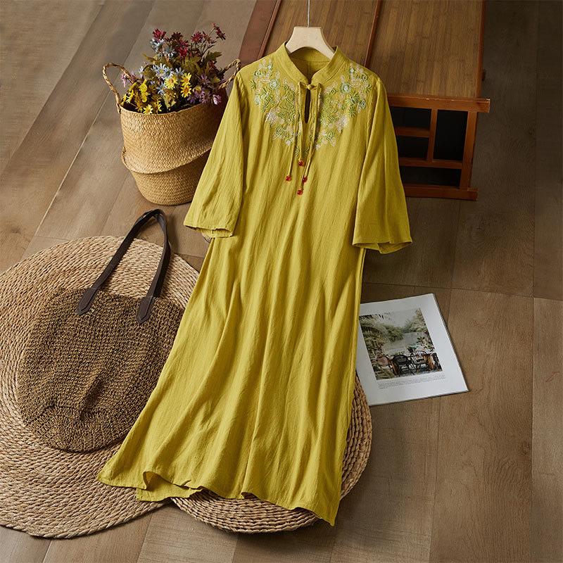Vestido midi de algodón y lino para mujer, de cintura alta, con media manga y botones de rana y bordado vintage de Buddha Stones - Vara de oro - US16, UK/AU20, EU48 (5XL) - image 0