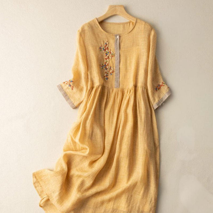 Vestido midi de Buddha Stones y lino con bordado étnico de primavera y media manga para mujer - Oro - US8-10，UK/AU12-14，EU40-42 (2XL) - image 3