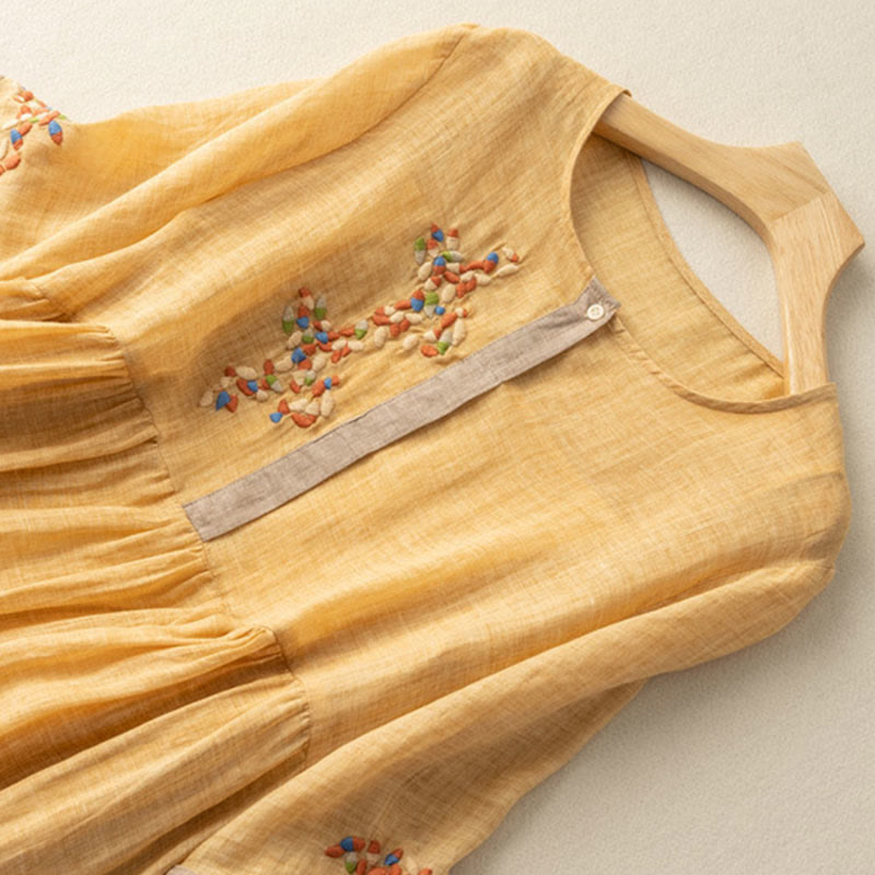 Vestido midi de manga corta para mujer con bordado étnico de Buddha Stones y estampado de primavera. - image 3