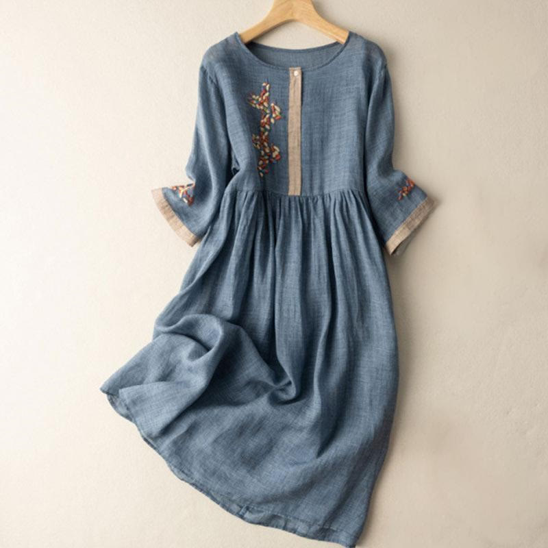 Vestido midi de Buddha Stones y lino con bordado étnico de primavera y media manga para mujer - Azul acero - US8-10，UK/AU12-14，EU40-42 (2XL) - image 11