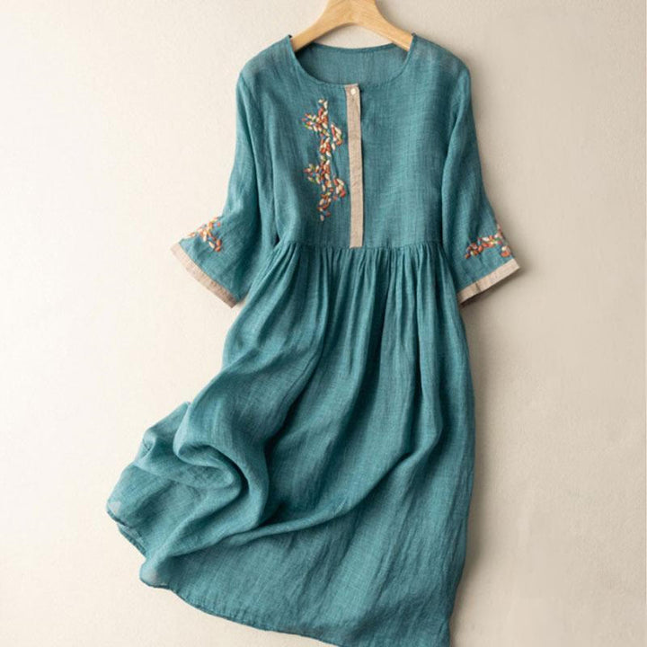 Vestido midi de Buddha Stones y lino con bordado étnico de primavera y media manga para mujer - Verde azulado - US8-10，UK/AU12-14，EU40-42 (2XL) - image 7