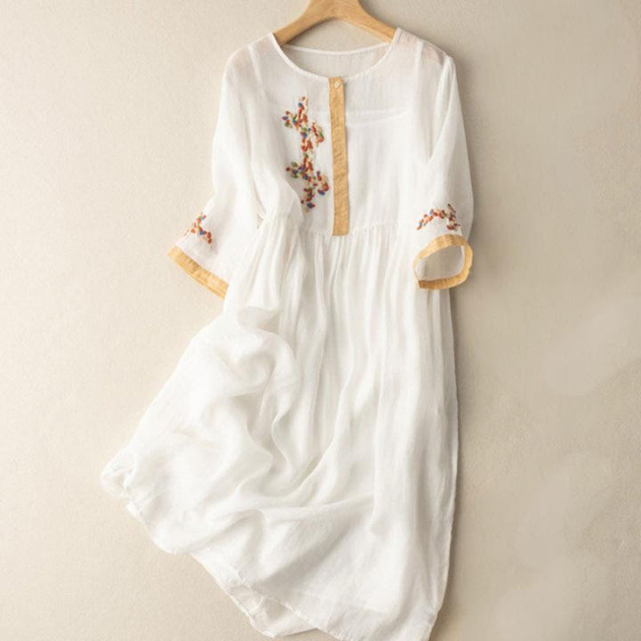 Vestido midi de manga corta para mujer con bordado étnico de Buddha Stones y estampado de primavera. - Blanco - US12, UK/AU16, EU44 (2XL) - image 0