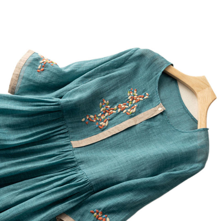 Vestido midi de Buddha Stones y lino con bordado étnico de primavera y media manga para mujer - image 10