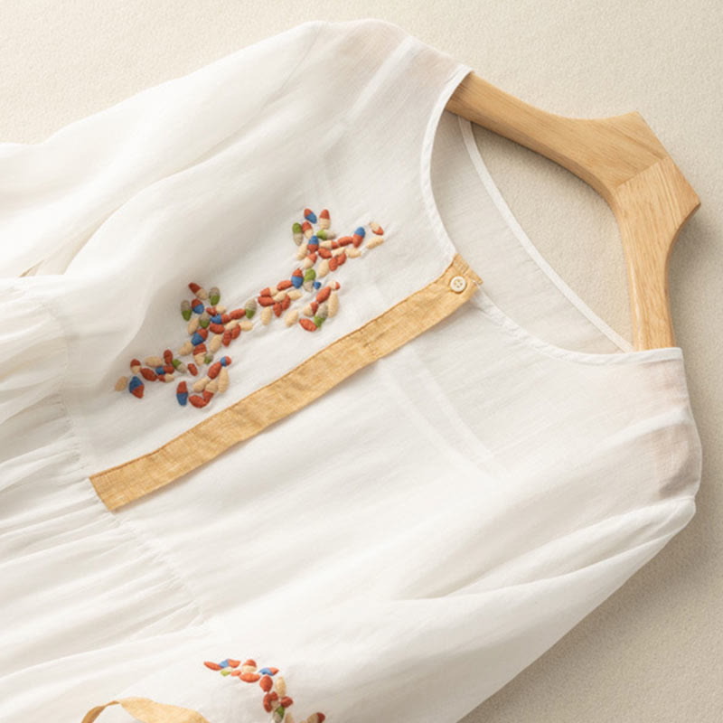 Vestido midi de Buddha Stones y lino con bordado étnico de primavera y media manga para mujer - image 1