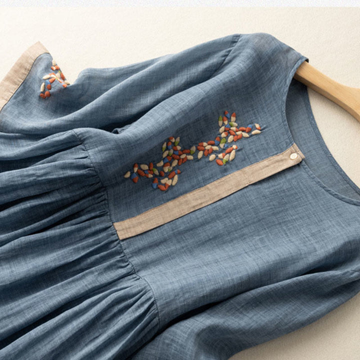 Vestido midi de Buddha Stones y lino con bordado étnico de primavera y media manga para mujer - image 12