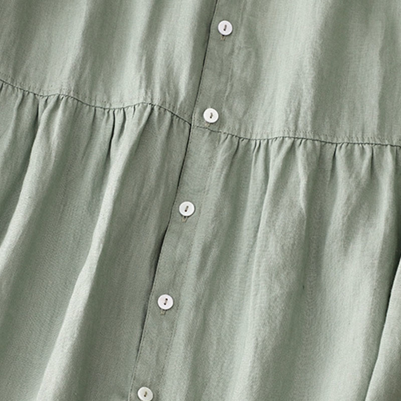 Vestido midi informal de lino y algodón con cuello redondo, volantes y botones, manga corta, para mujer, de Buddha Stones - image 6