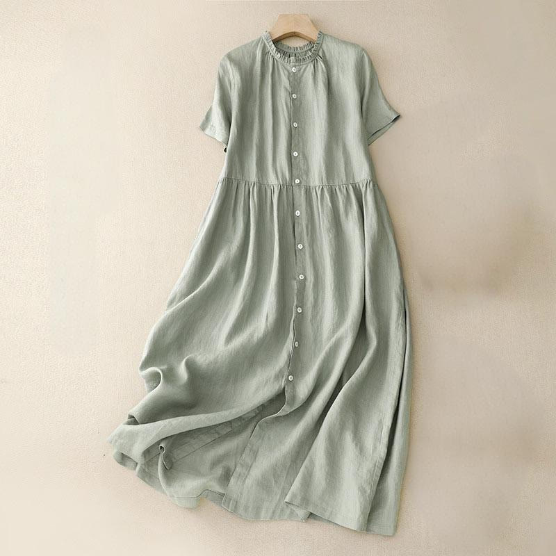 Vestido midi informal de lino y algodón con cuello redondo, volantes y botones, manga corta, para mujer, de Buddha Stones - Verde claro - US8-10，UK/AU12-14，EU40-42 (2XL) - image 1