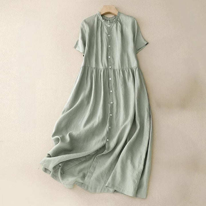 Vestido midi informal de lino y algodón con cuello redondo, volantes y botones, manga corta, para mujer, de Buddha Stones - Verde claro - US8-10，UK/AU12-14，EU40-42 (2XL) - image 1