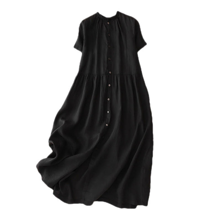 Vestido midi informal de lino y algodón con cuello redondo, volantes y botones, manga corta, para mujer, de Buddha Stones - image 14
