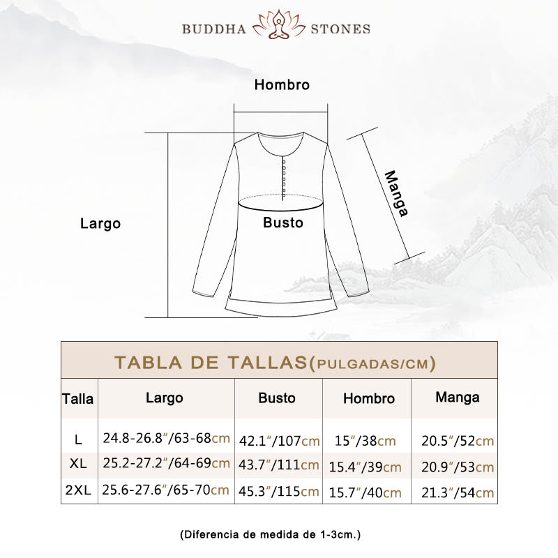 Camiseta de lino y algodón de manga larga con cuello redondo y flores bordadas informales con Buddha Stones para mujer - image 3