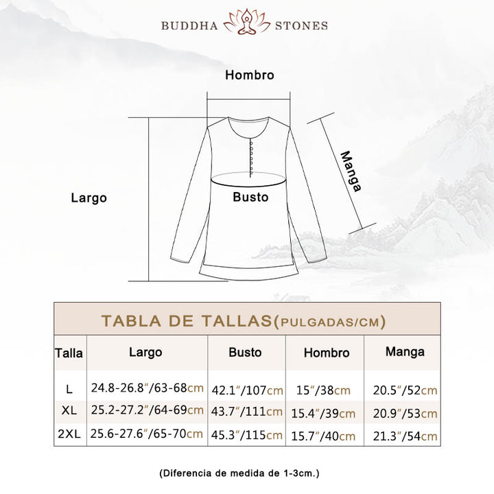 Camiseta de lino y algodón de manga larga con cuello redondo y flores bordadas informales con Buddha Stones para mujer - image 3