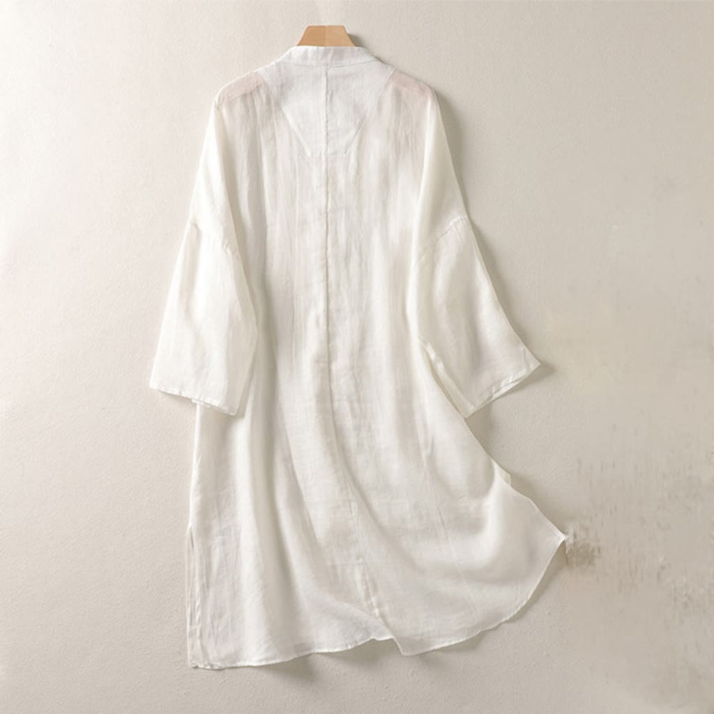 Vestido midi de algodón y lino para mujer, de manga larga, liso, con botones de rana y Buddha Stones - image 7