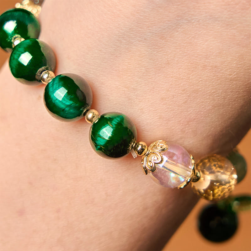 Pulsera positiva con cuentas de ojo de tigre verde natural de Buddha Stones y hoja verde