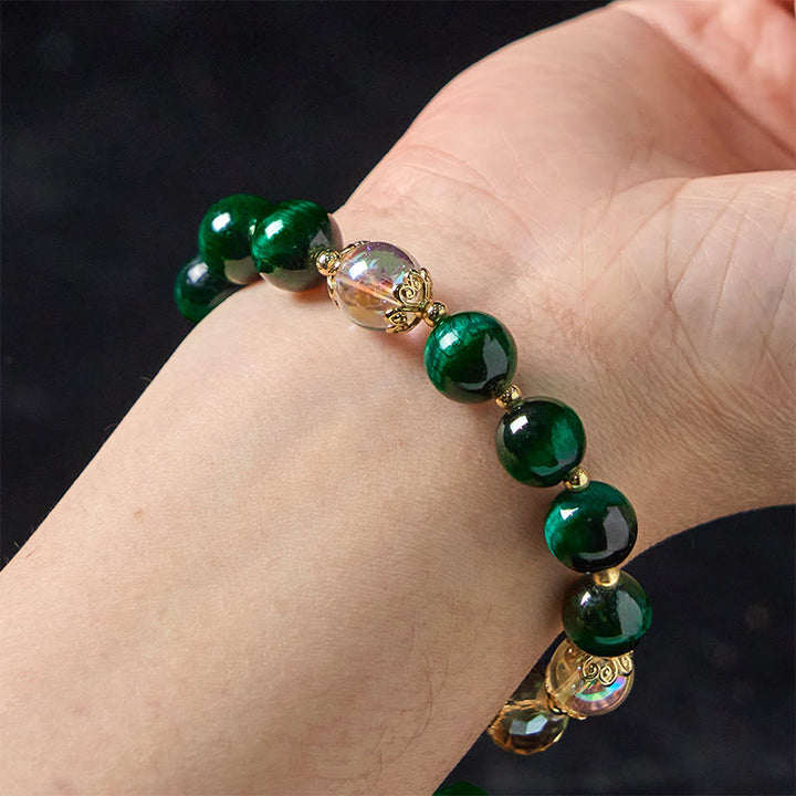 Pulsera positiva con cuentas de ojo de tigre verde natural de Buddha Stones y hoja verde