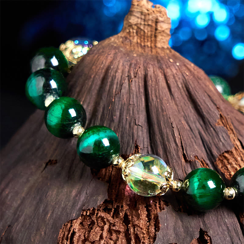 Pulsera positiva con cuentas de ojo de tigre verde natural de Buddha Stones y hoja verde