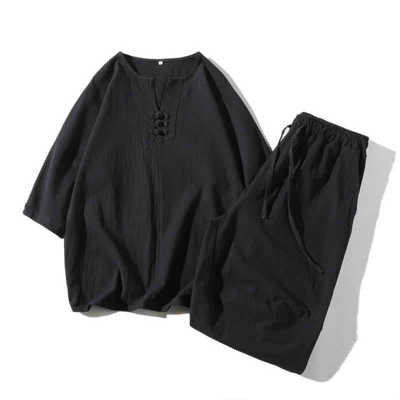 Conjunto de ropa de meditación para hombre Buddha Stones de 2 piezas: camiseta lisa con cuello con muescas y pantalones cortos de pierna ancha con bolsillos. - Negro - US/UK/AU46, EU56 (5XL) - image 18