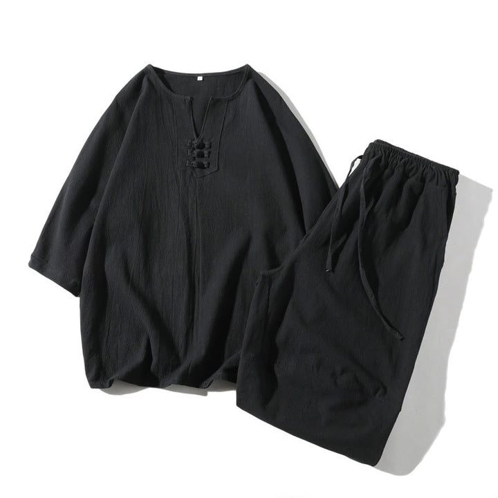 Conjunto de ropa de meditación para hombre Buddha Stones de 2 piezas: camiseta lisa con cuello con muescas y pantalones cortos de pierna ancha con bolsillos. - Negro - US/UK/AU46, EU56 (5XL) - image 18