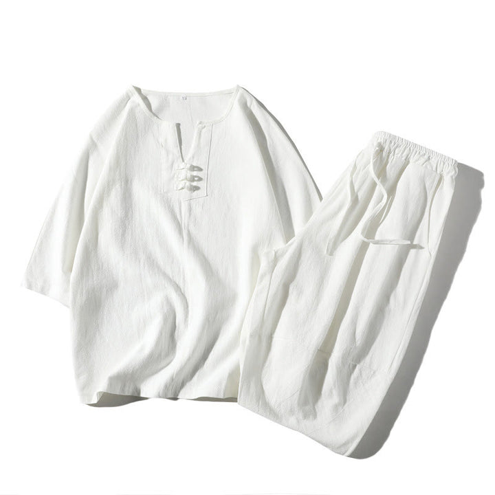 Conjunto de ropa de meditación para hombre Buddha Stones de 2 piezas: camiseta lisa con cuello con muescas y pantalones cortos de pierna ancha con bolsillos. - Blanco - US/UK/AU46, EU56 (5XL) - image 15