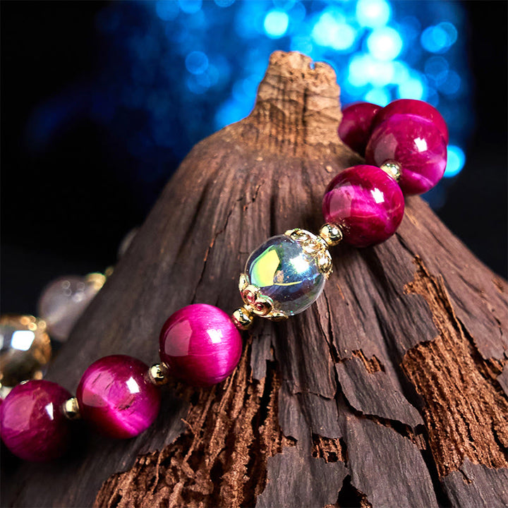 Pulsera de protección con cuentas de ojo de tigre rojo natural y ojo de tigre morado , Buddha Stones y hojas verdes