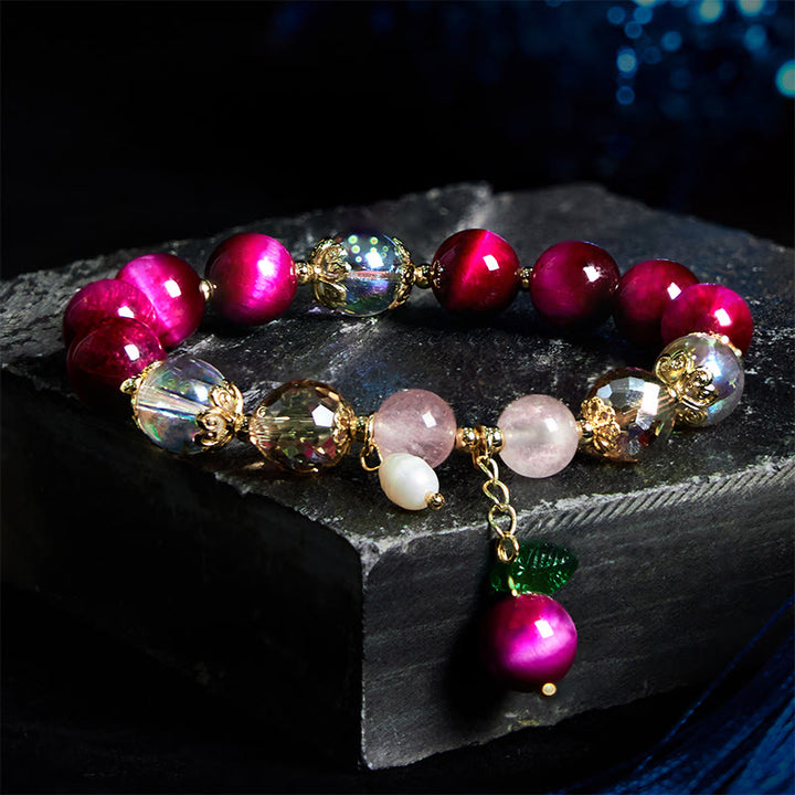 Pulsera de protección con cuentas de ojo de tigre rojo natural y ojo de tigre morado , Buddha Stones y hojas verdes