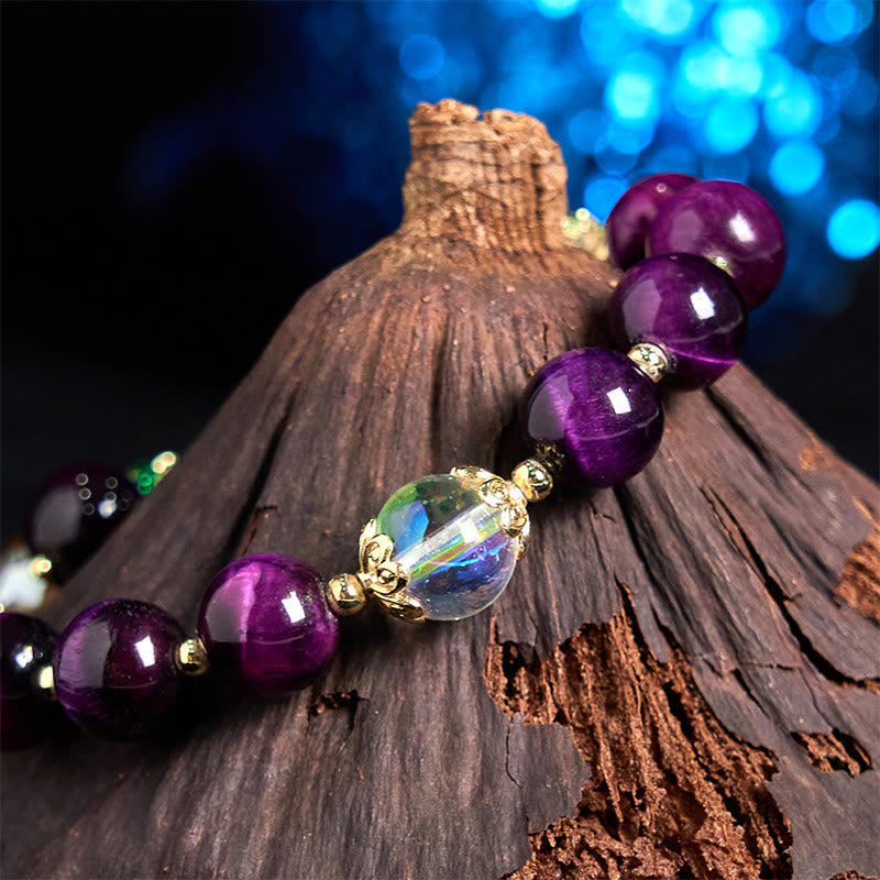 Pulsera de protección con cuentas de ojo de tigre rojo natural y ojo de tigre morado , Buddha Stones y hojas verdes