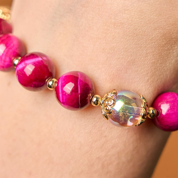 Pulsera de protección con cuentas de ojo de tigre rojo natural y ojo de tigre morado , Buddha Stones y hojas verdes
