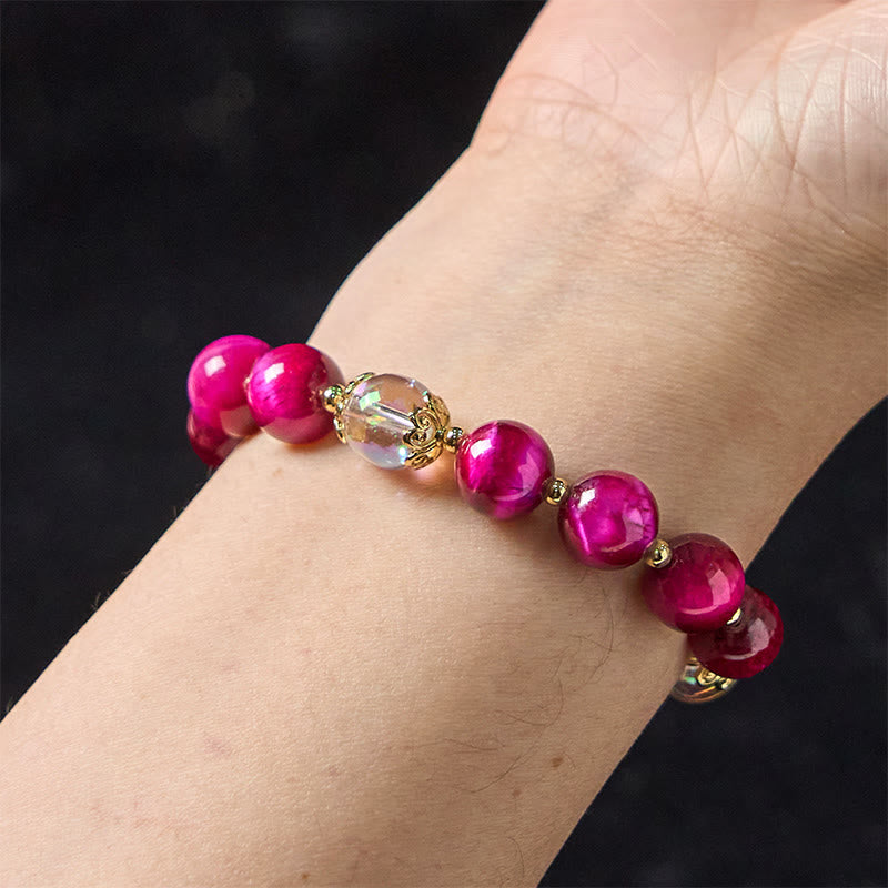 Pulsera de protección con cuentas de ojo de tigre rojo natural y ojo de tigre morado , Buddha Stones y hojas verdes