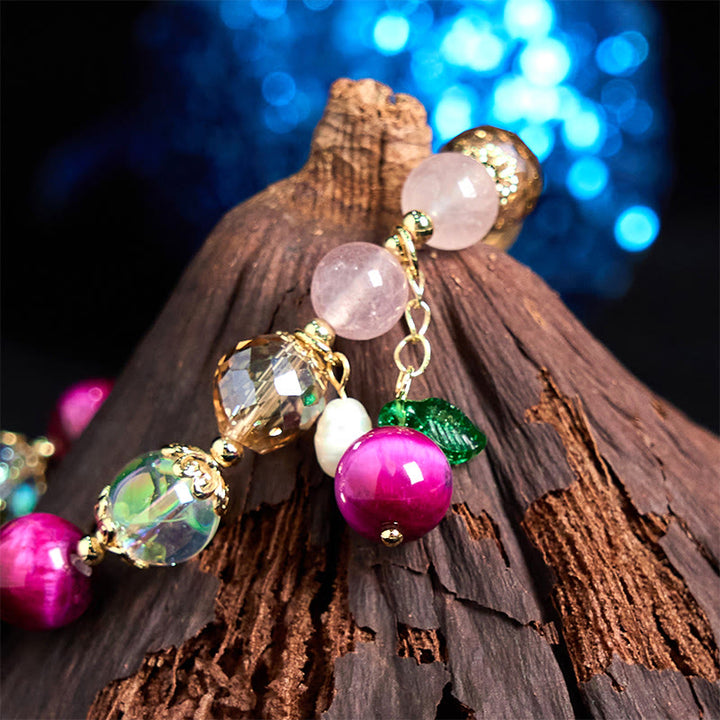 Pulsera de protección con cuentas de ojo de tigre rojo natural y ojo de tigre morado , Buddha Stones y hojas verdes