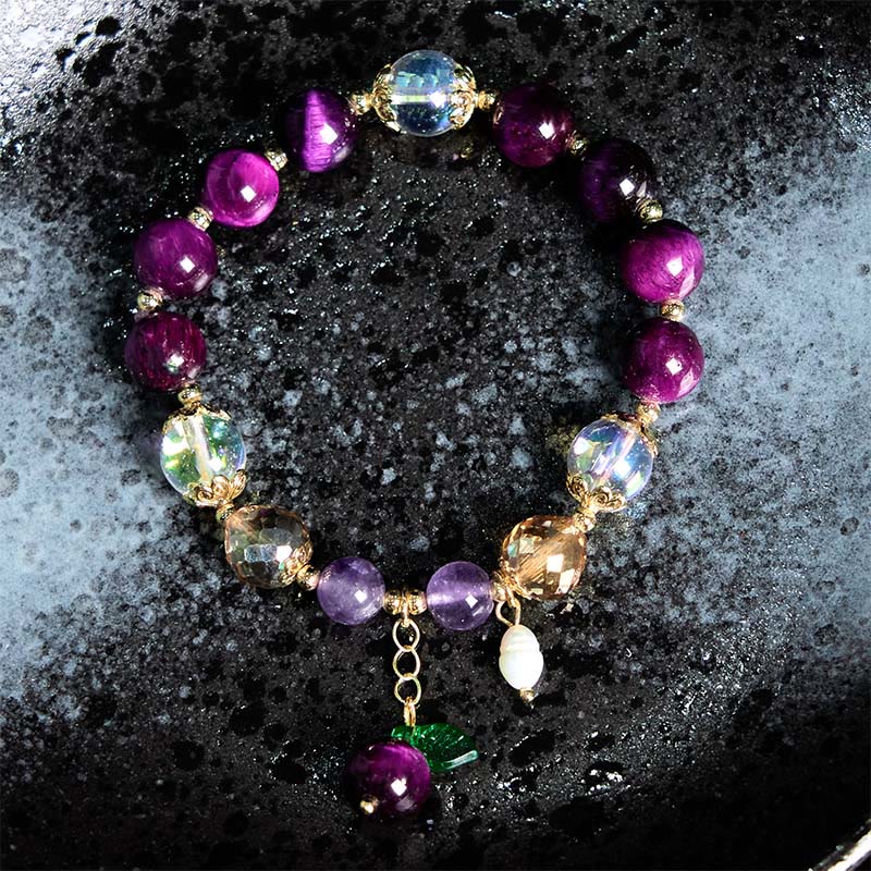 Pulsera de protección con cuentas de ojo de tigre rojo natural y ojo de tigre morado , Buddha Stones y hojas verdes