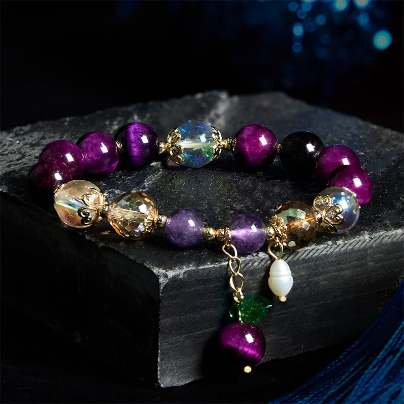 Pulsera de protección con cuentas de ojo de tigre rojo natural y ojo de tigre morado , Buddha Stones y hojas verdes