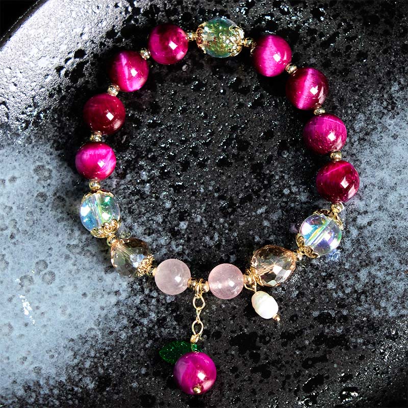 Pulsera de protección con cuentas de ojo de tigre rojo natural y ojo de tigre morado , Buddha Stones y hojas verdes