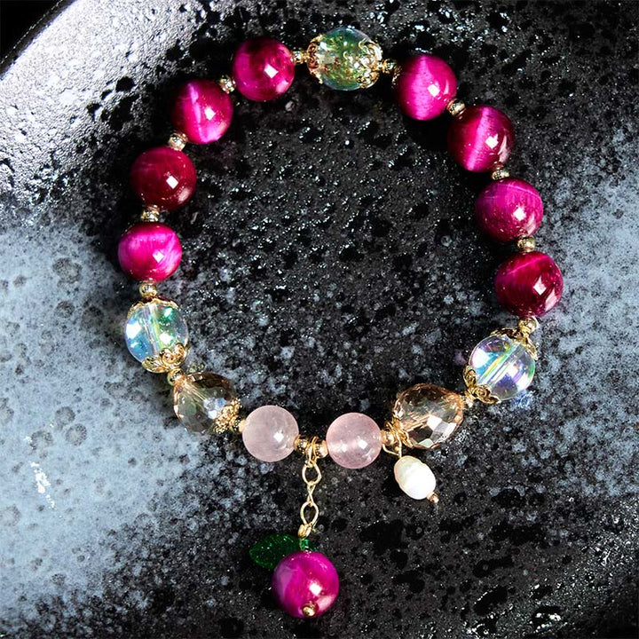 Pulsera de protección con cuentas de ojo de tigre rojo natural y ojo de tigre morado , Buddha Stones y hojas verdes