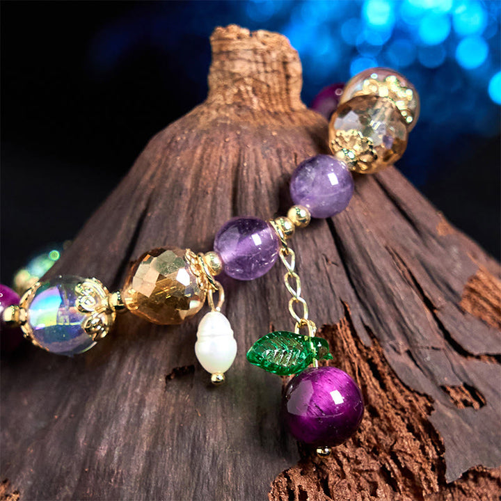 Pulsera de protección con cuentas de ojo de tigre rojo natural y ojo de tigre morado , Buddha Stones y hojas verdes