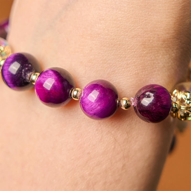 Pulsera de protección con cuentas de ojo de tigre rojo natural y ojo de tigre morado , Buddha Stones y hojas verdes