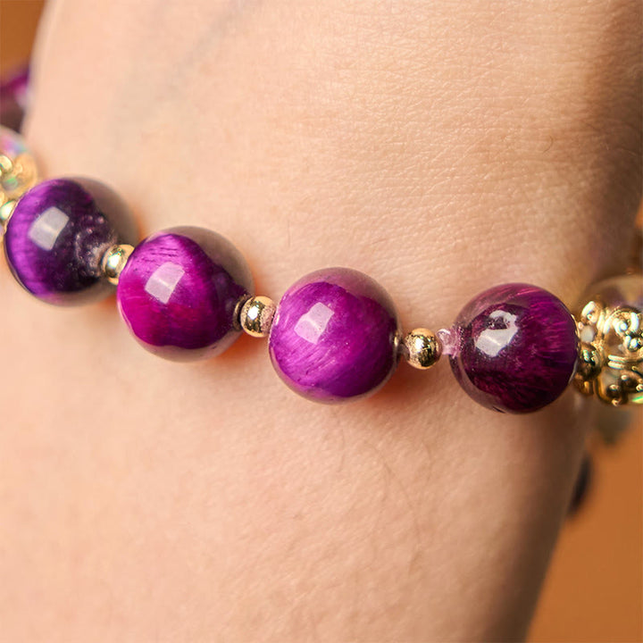 Pulsera de protección con cuentas de ojo de tigre rojo natural y ojo de tigre morado , Buddha Stones y hojas verdes
