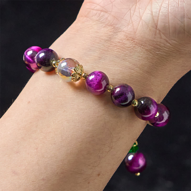 Pulsera de protección con cuentas de ojo de tigre rojo natural y ojo de tigre morado , Buddha Stones y hojas verdes