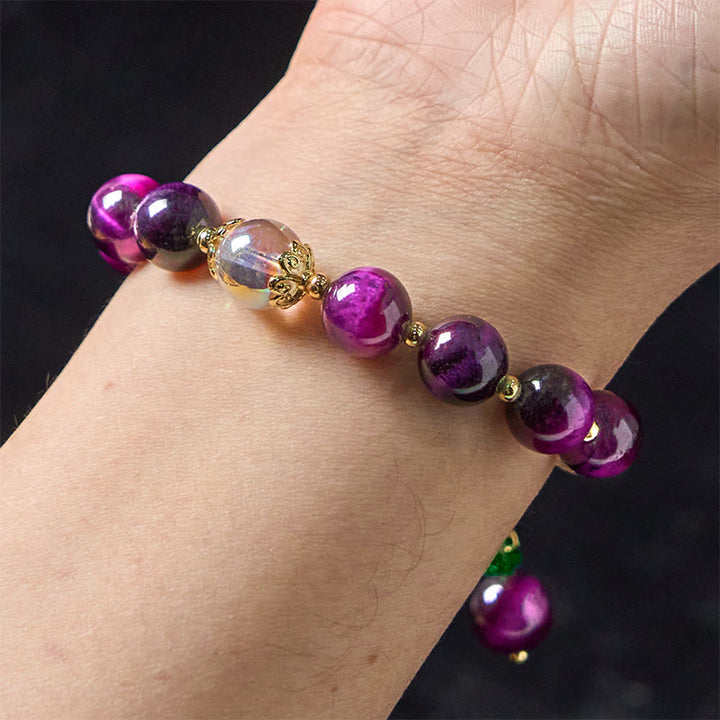 Pulsera de protección con cuentas de ojo de tigre rojo natural y ojo de tigre morado , Buddha Stones y hojas verdes