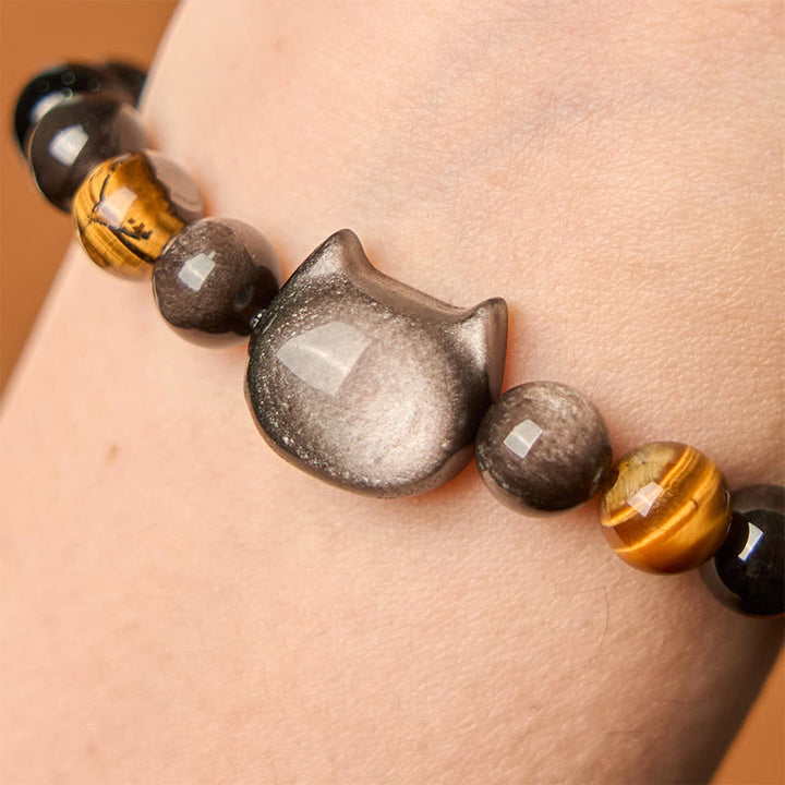 Pulsera relajante con cuentas de obsidiana y brillo plateado natural de Buddha Stones, con un bonito diseño de gato. - image 5