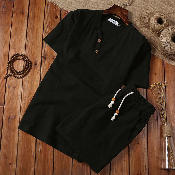 Conjunto de 2 camisetas de manga corta con cuello entallado y bolsillos de algodón y lino para meditación de Buddha Stones para hombre. - Negro - US/UK/AU44, UE54 (5XL) - image 3