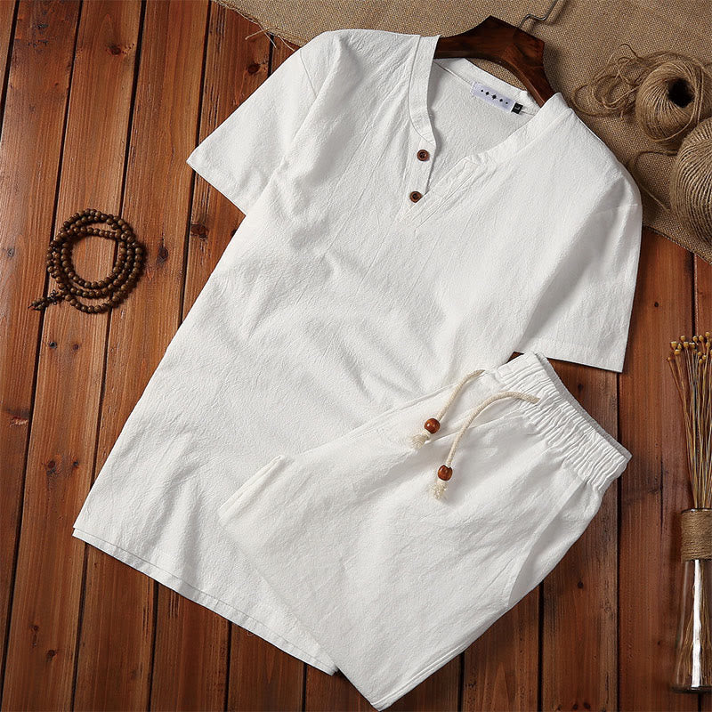 Conjunto de 2 camisetas de manga corta con cuello entallado y bolsillos de algodón y lino para meditación de Buddha Stones para hombre. - Blanco - US/UK/AU44, UE54 (5XL) - image 1