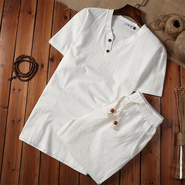 Conjunto de 2 camisetas de manga corta con cuello entallado y bolsillos de algodón y lino para meditación de Buddha Stones para hombre. - Blanco - US/UK/AU44, UE54 (5XL) - image 1