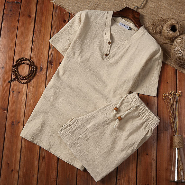 Conjunto de 2 camisetas de manga corta con cuello entallado y bolsillos de algodón y lino para meditación de Buddha Stones para hombre. - Caqui - US/UK/AU44, UE54 (5XL) - image 0