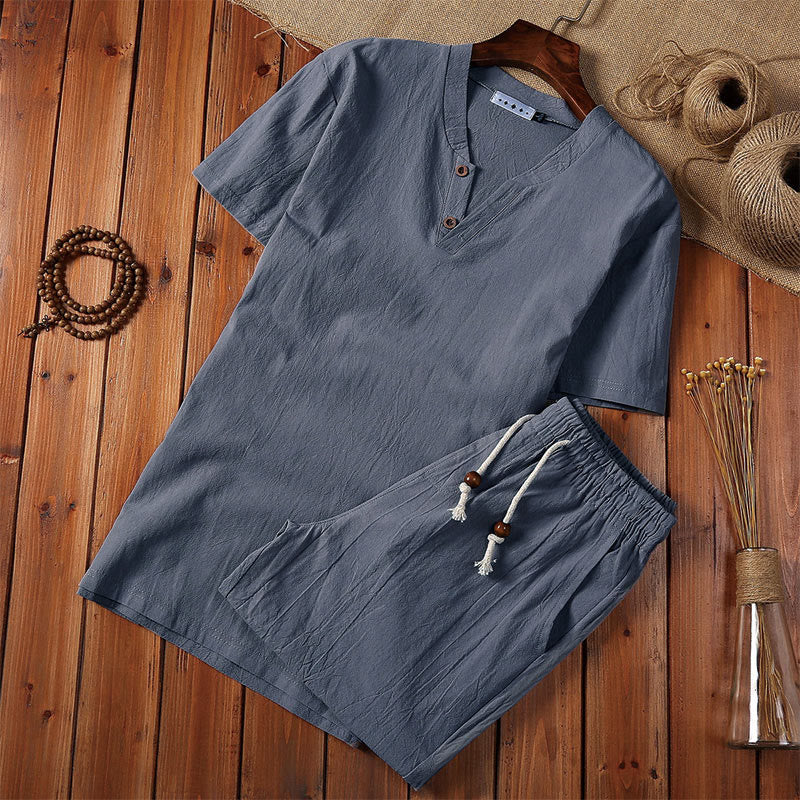 Conjunto de 2 camisetas de manga corta con cuello entallado y bolsillos de algodón y lino para meditación de Buddha Stones para hombre. - Gris pizarra - US/UK/AU44, UE54 (5XL) - image 6