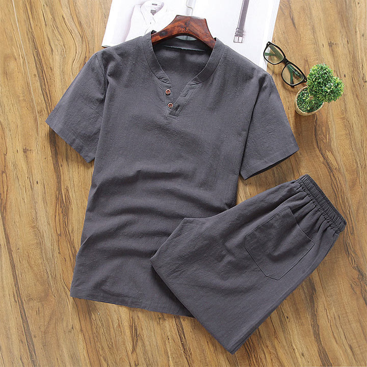Conjunto de 2 camisetas y pantalones cortos de manga corta con estampado de Buddha Stones y bolsillos de algodón y lino para meditación de hombre - Gris oscuro - US/UK/AU46, EU56 (5XL) - image 6