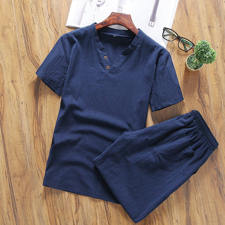 Conjunto de 2 camisetas y pantalones cortos de manga corta con estampado de Buddha Stones y bolsillos de algodón y lino para meditación de hombre - Azul medianoche - US/UK/AU46, EU56 (5XL) - image 9